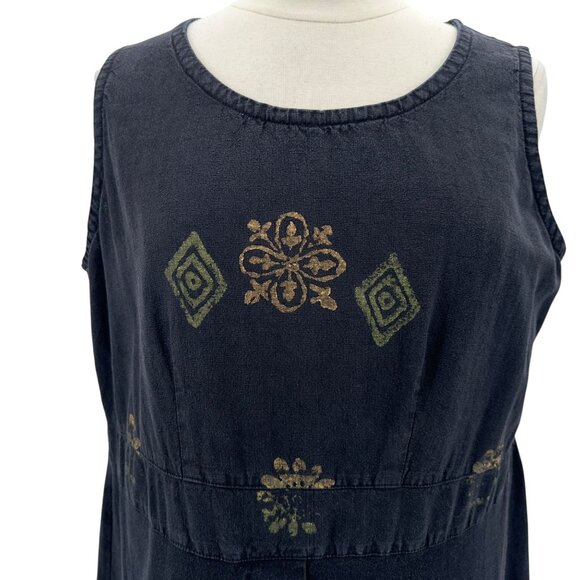 Vintage Blue Cactus Womens Large Dress Linen Blend Sleeveless Jumper Boho Black - Picture 2 of 12